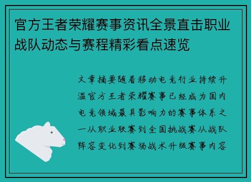 官方王者荣耀赛事资讯全景直击职业战队动态与赛程精彩看点速览