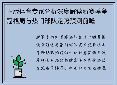 正版体育专家分析深度解读新赛季争冠格局与热门球队走势预测前瞻 正版体育专家分析深度解读新赛季争冠格局与热门球队走势预测前瞻